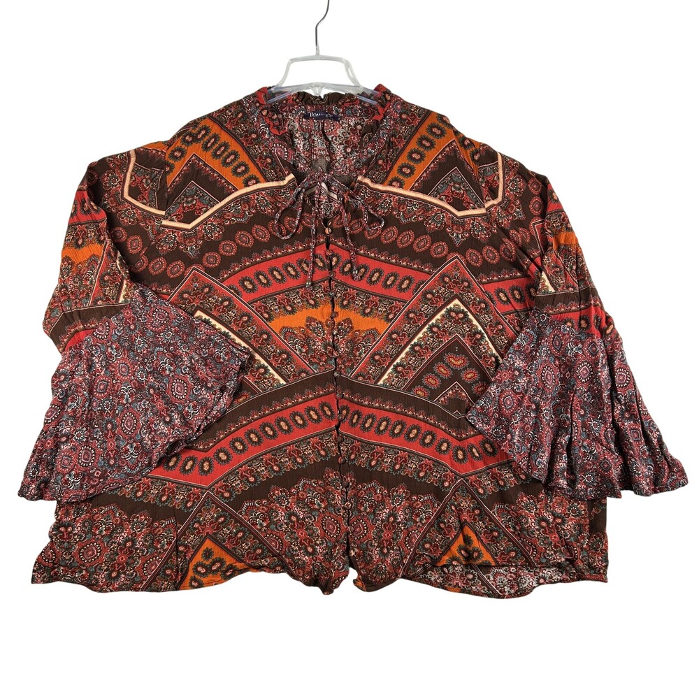 Roaman's Blouse Womens 32W Multicolor Paisley Bell Sleeve Boho Button Tunic Top